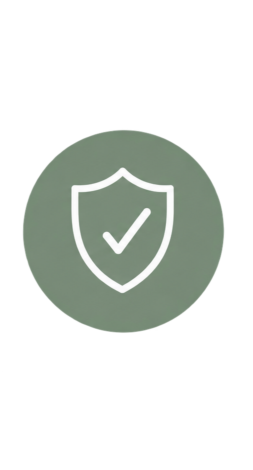 A green circular icon with a white shield containing a checkmark inside, symbolizing security or protection.