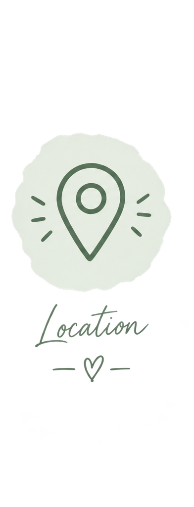 A graphic design featuring a location pin icon with radiating lines, the word 'Location' in text and a small heart icon underneath.