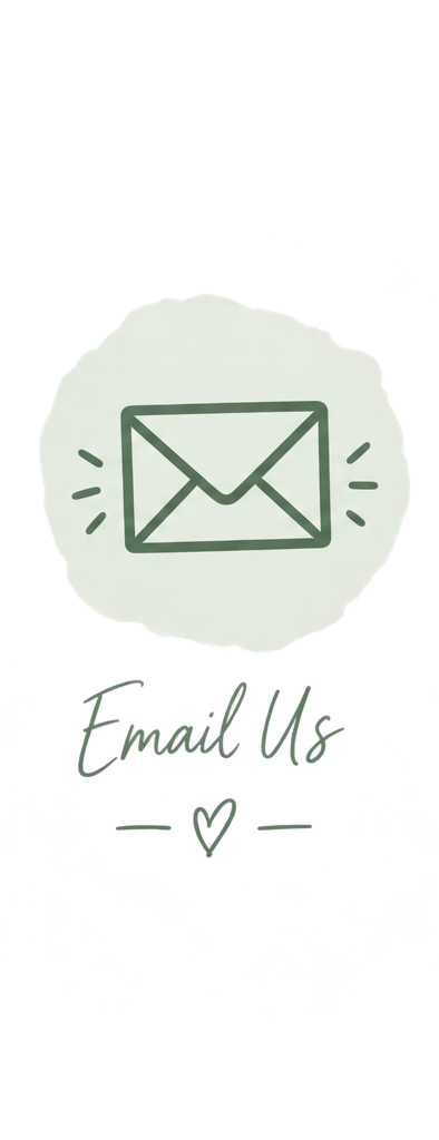 A white paper with a simple green envelope icon in the center and cursive text that says "Email Us" with a small heart below.