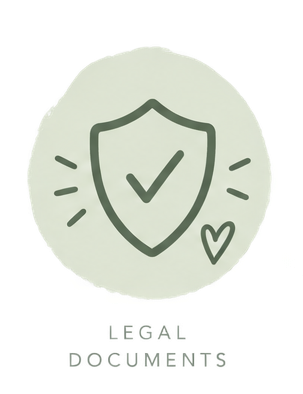 Icon of a shield with a checkmark, surrounded by lines and a small heart, representing protection or security, with the text 'Legal Documents' below.