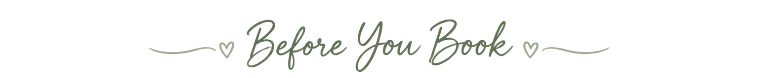Decorative quote graphic with green text reading 'Before You Book' and heart accents.