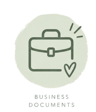 Illustration of a briefcase with lines indicating emphasis, a heart symbol, and the text 'Business Documents' underneath.