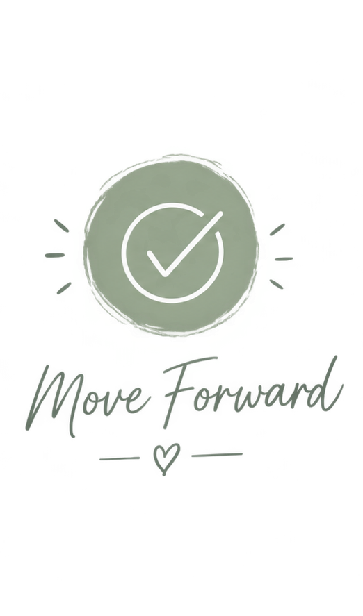 A gray circle with a white checkmark inside, surrounded by a yellow-green ring, with the phrase 'More Forward' written below in black cursive, and a small heart symbol underneath.