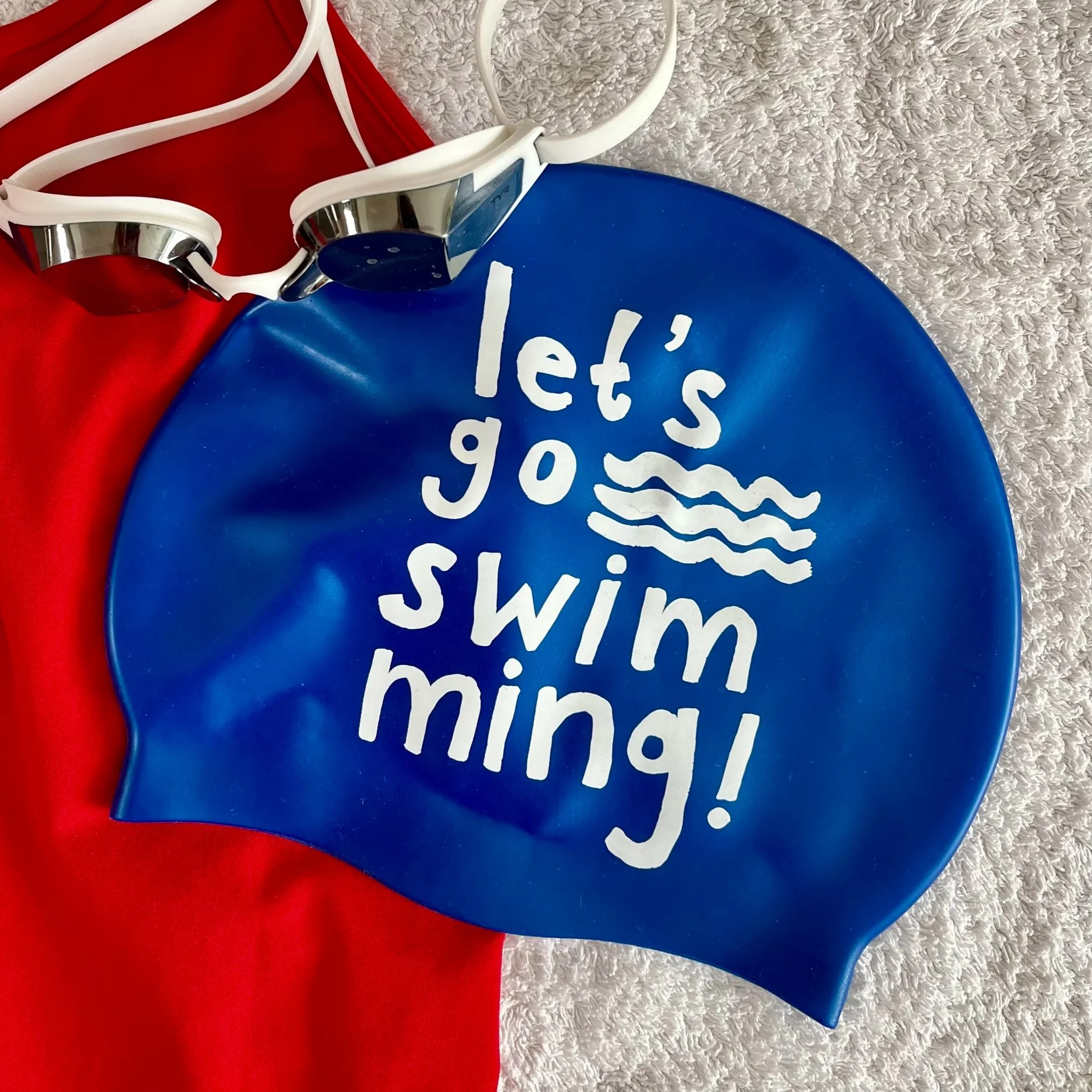 let's go swimming! blue swim cap swim hat
