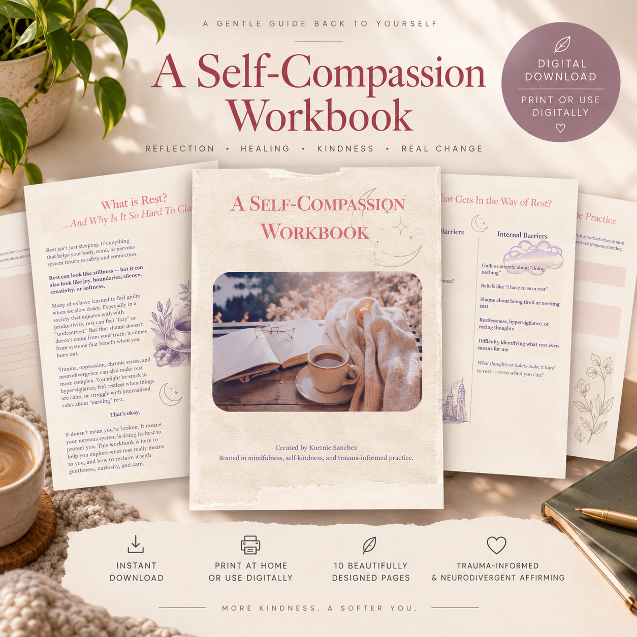 A Self-Compassion Workbook | Printable Guided Journal for Rest, Healing & Self-Kindness