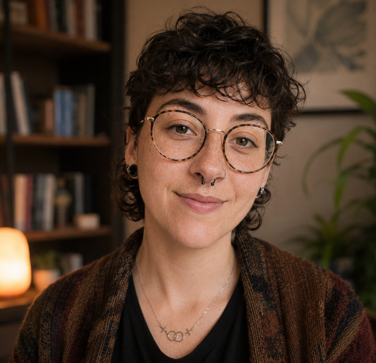 A young person with short curly hair and glasses smiling indoors, with a bookshelf and a plant in the background.