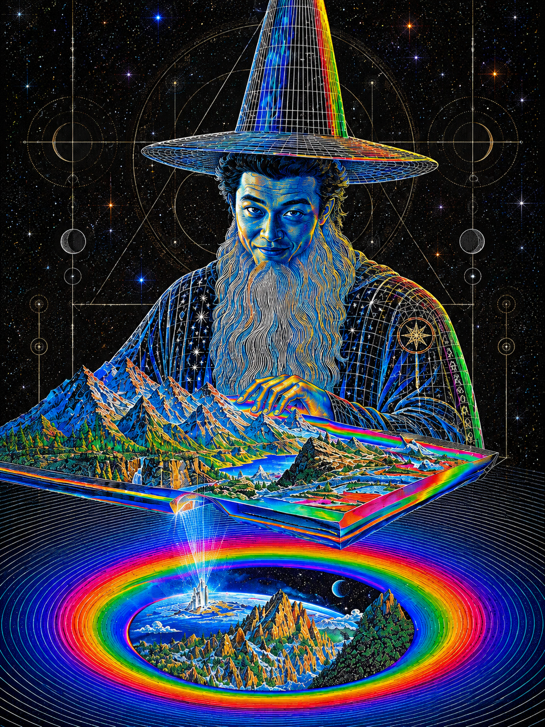 A digital, psychedelic-style artwork of a man with a long white beard and a colorful wizard hat, set against a starry space background with planets and geometric patterns.