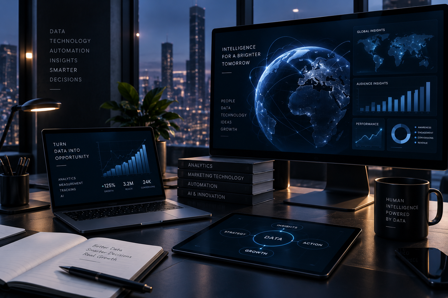 A modern office workspace at night with multiple screens displaying global data analytics, maps, and charts, along with notebooks and pens on the desk.