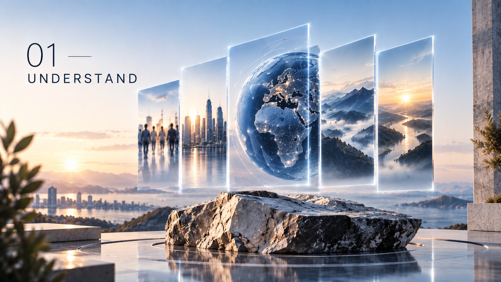 Futuristic digital globe and cityscape hologram with mountains and sunrise in background.