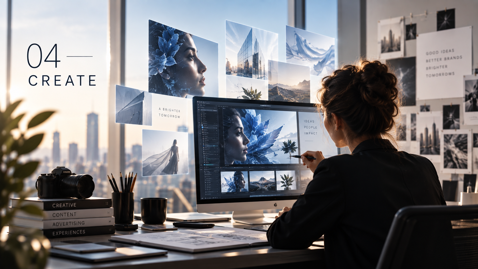 A woman working on a digital art project at her desk in a modern office with a city skyline view. The screen displays a digital portrait of a woman with blue flowers.
