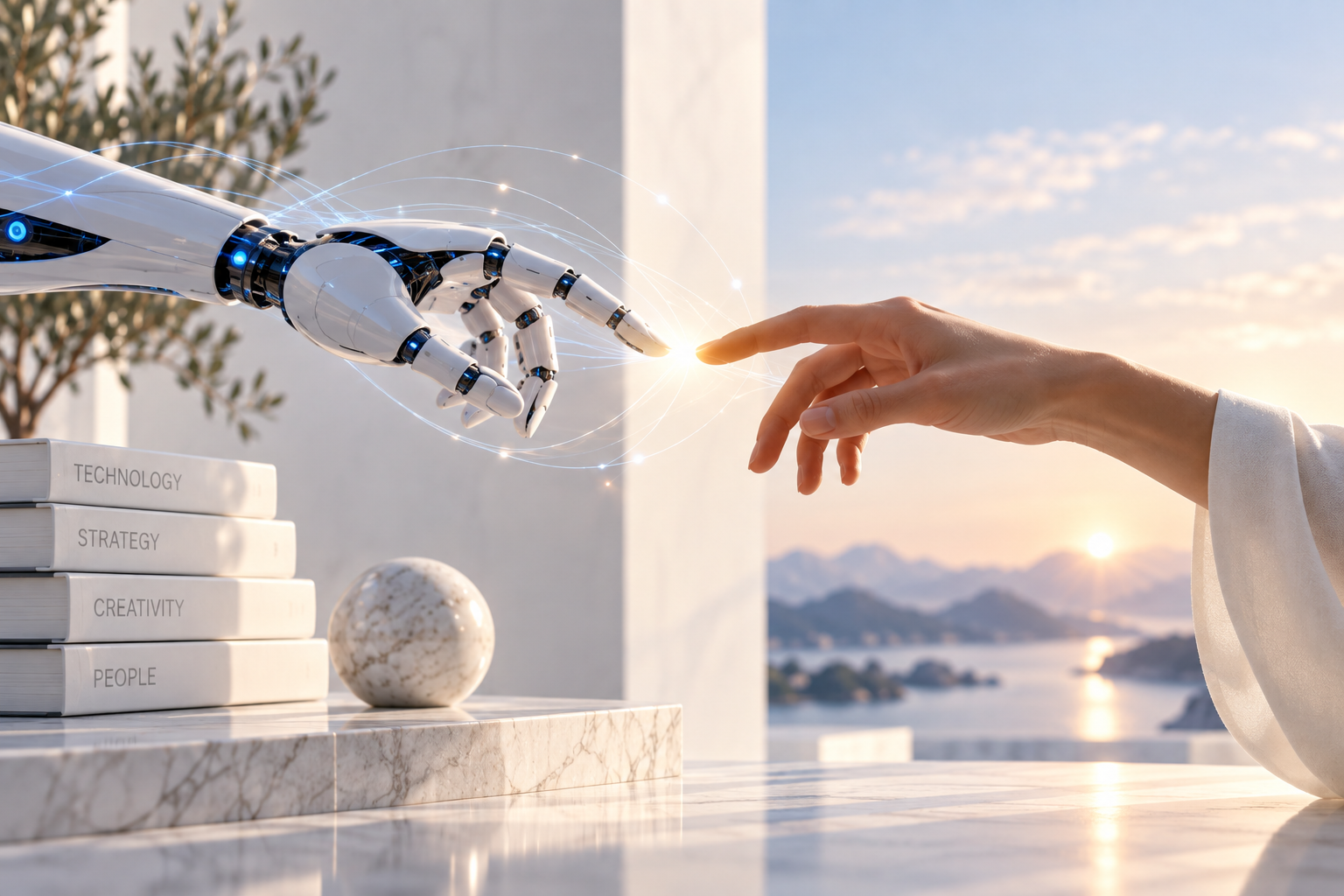 A human hand reaching out to touch the finger of a robot hand, with a sunset and mountains in the background.