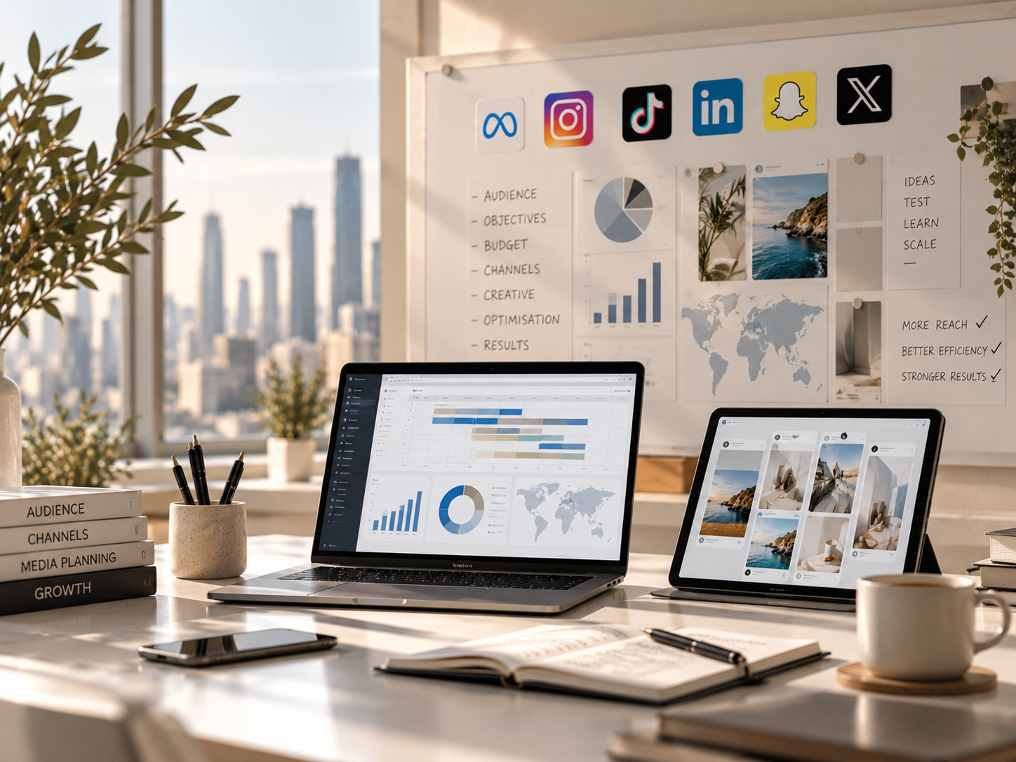 Office workspace with a laptop displaying data charts, a tablet showing photos, and a whiteboard with social media icons and notes, with a city skyline in the background.