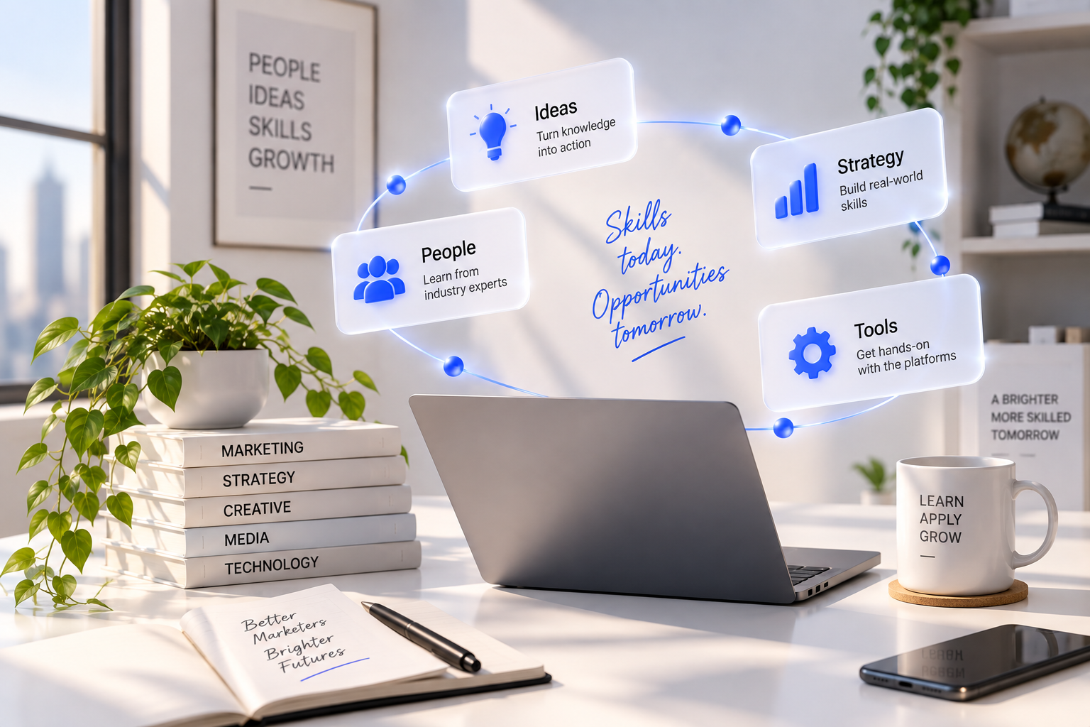 A workspace with a laptop, a white mug with text, a notebook, a pen, a potted plant, and a stack of books. The background features a wall with motivational posters and a whiteboard with digital infographics about skills, ideas, people, strategy, tools, and growth.