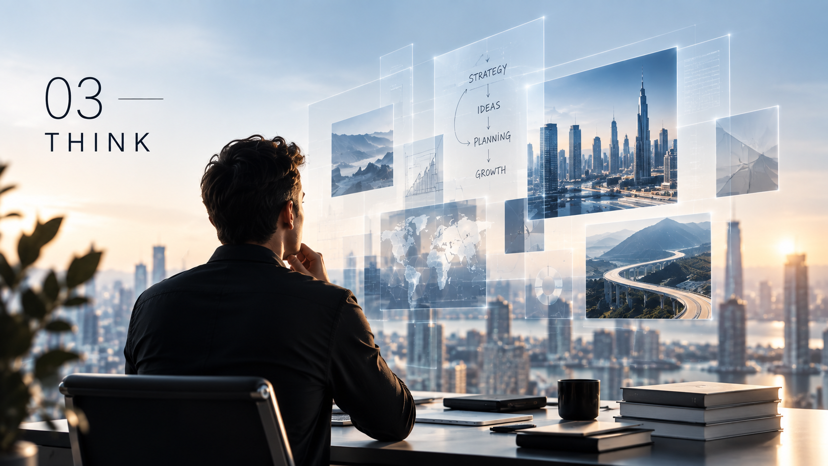 A man sitting at a desk in front of a city skyline at sunset with a digital interface displaying maps, charts, and planning diagrams overlaid in the air.