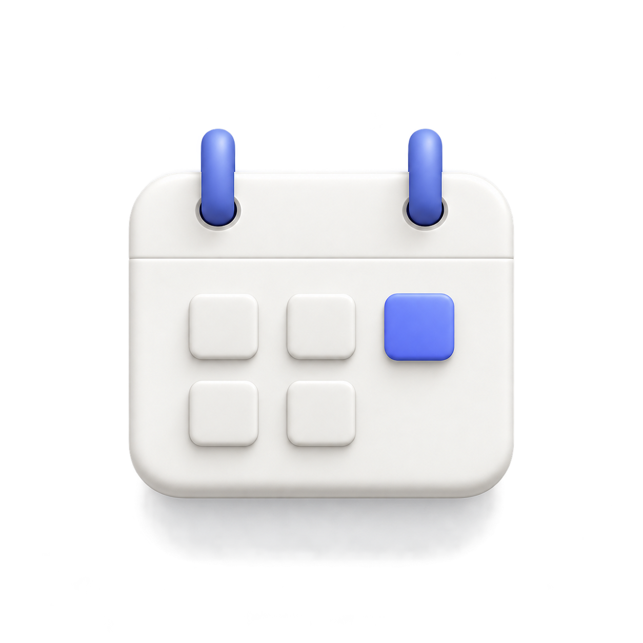 A modern white square-shaped desk calendar with six square buttons, three on each row, and a blue button on the top right. The calendar is hanging by two blue rings at the top.