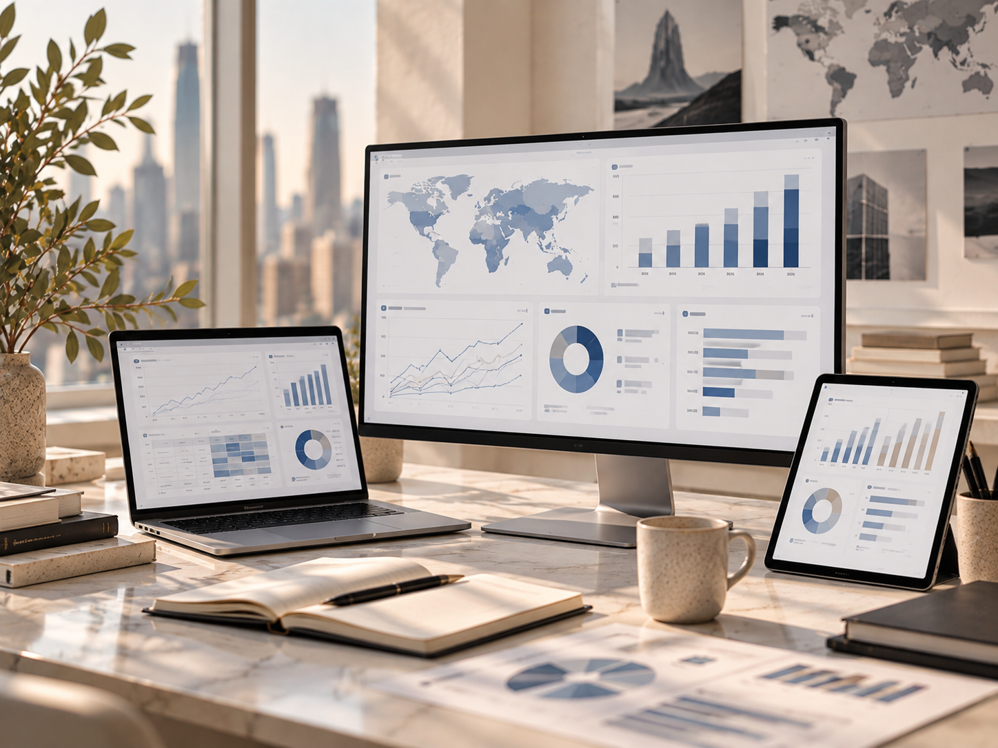 Multiple screens displaying various charts and graphs in a modern office with city skyscrapers view