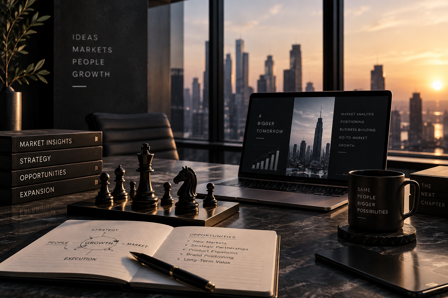Office desk setup with a chess set, open notebook with a strategy diagram, stacks of books about market insights and strategy, a laptop showing city skyline and market analysis slides, a coffee mug, a smartphone, and a view of a city skyline at sunset through large windows.