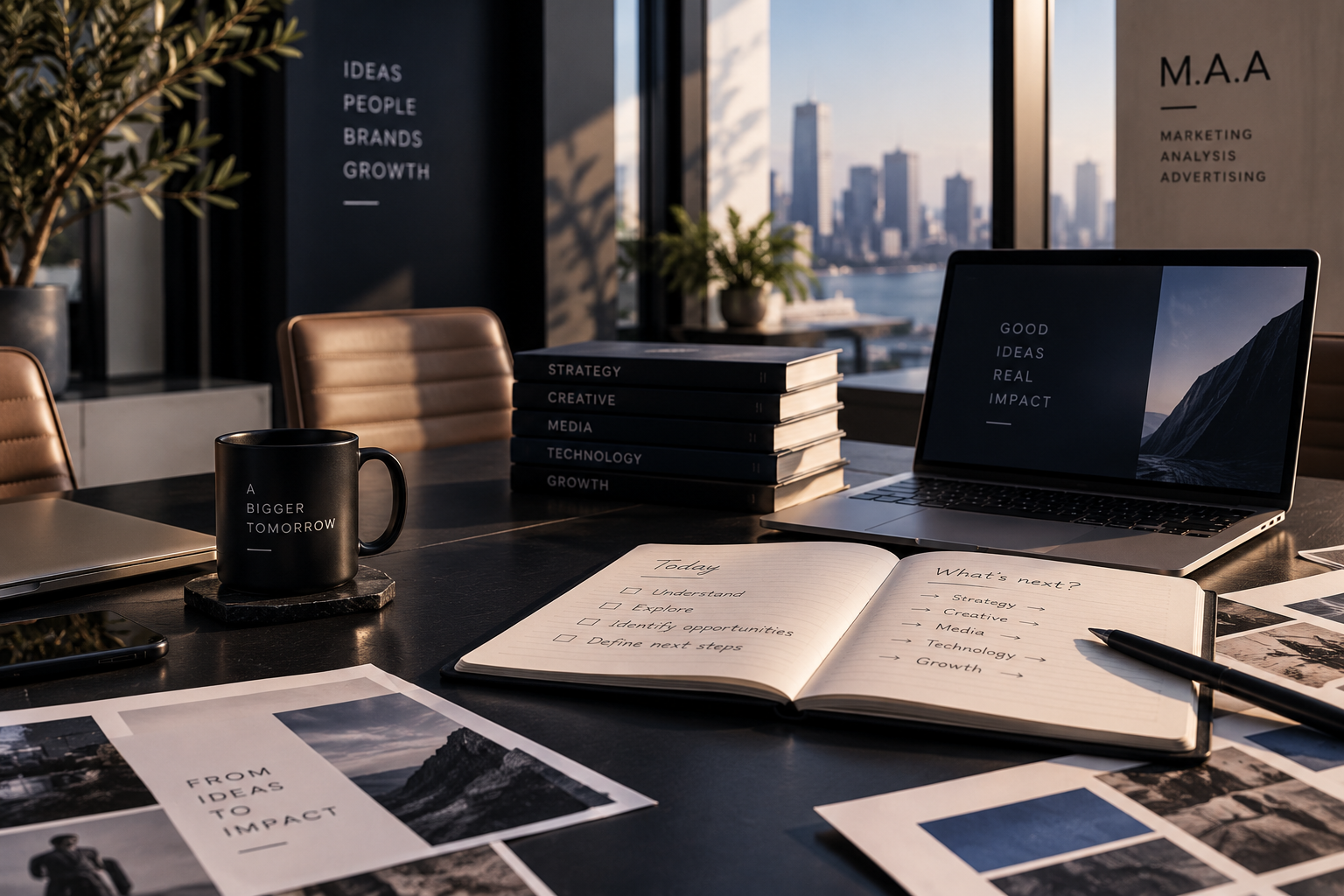 A modern office workspace with a laptop, a cup labeled "A BIGGER TOMORROW," a notebook, books, papers with images and text, and a view of a city skyline through large windows.
