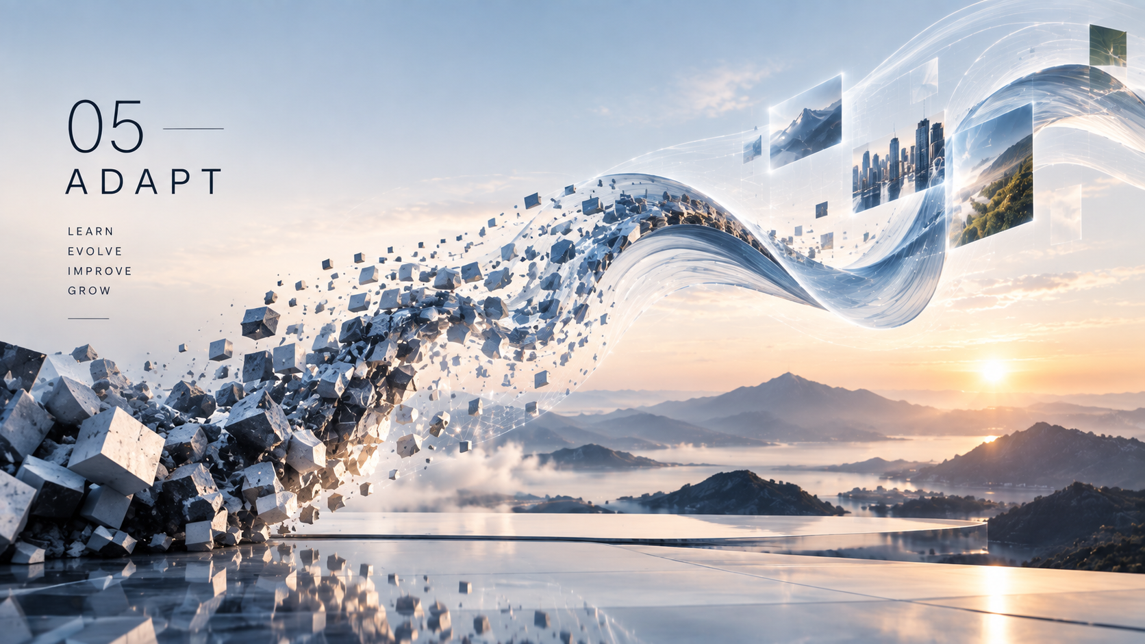 Digital abstract image showing a wave of floating cubes and holographic screens with cityscape images, set against a sunrise over mountains.