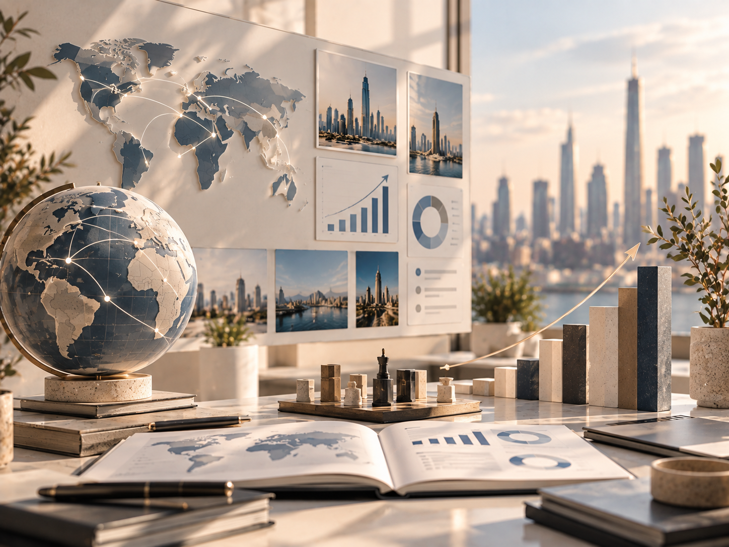 Office workspace with world globe, charts, photos of city skylines, and a bar graph with rising arrow, set against city skyline view.