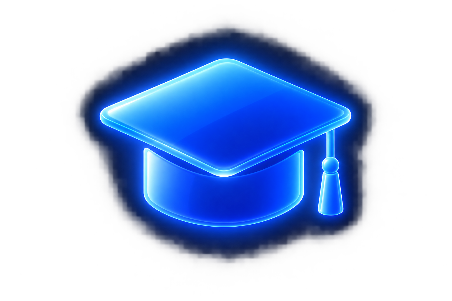 Neon blue outline of a graduation cap glowing against a black background.