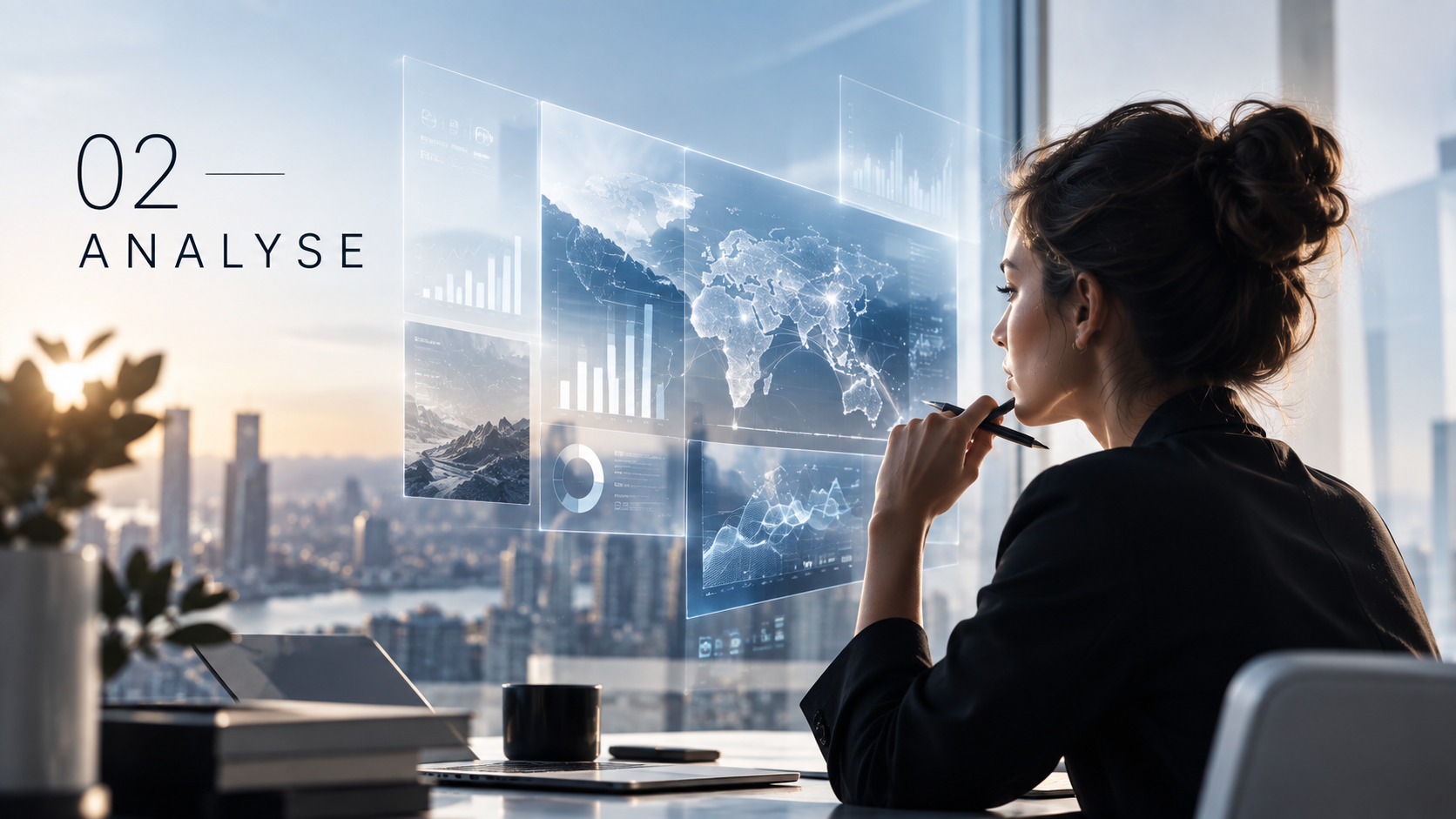 A woman in a black blazer analyzes data on a transparent digital screen with world maps and charts, sitting at a desk with a city skyline view through the window.