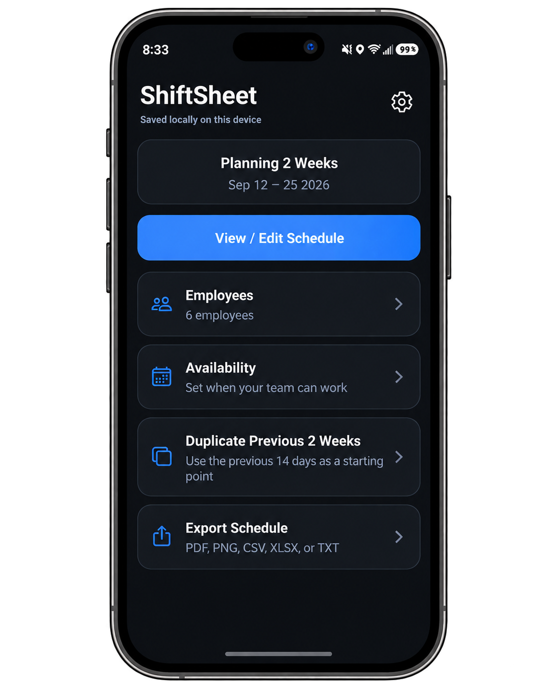Screenshot of a mobile app called ShiftSheet showing weekly planning from September 12 to 25, 2026. The app has options for viewing/editing schedule, managing employees, setting availability, duplicating previous schedule, and exporting the schedule.