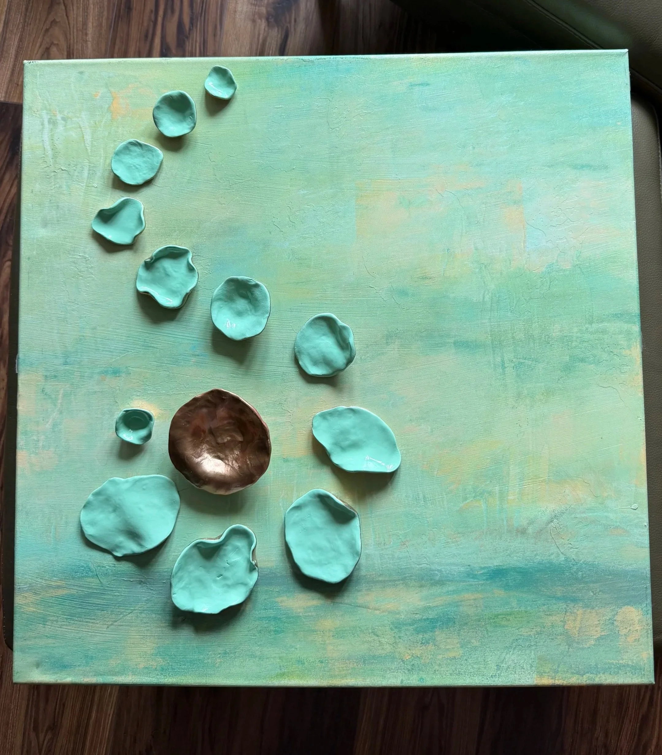 Center of Gravity
24"x24"
Clay and mixed media on repurposed canvas
Second Surface series