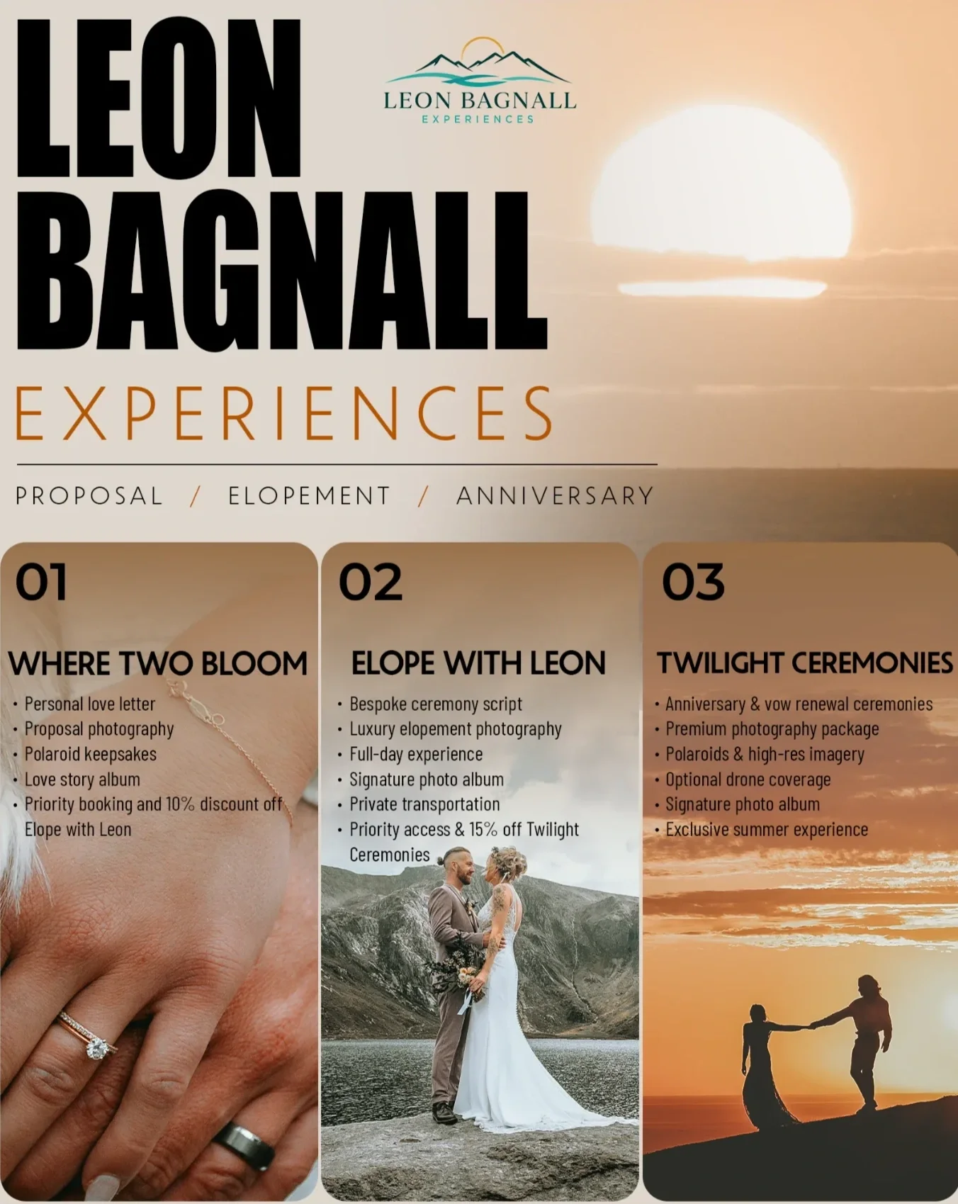 Leon Bagnall Experiences overview of three services: Where Two Bloom, Elope with Leon and Twilight Ceremonies