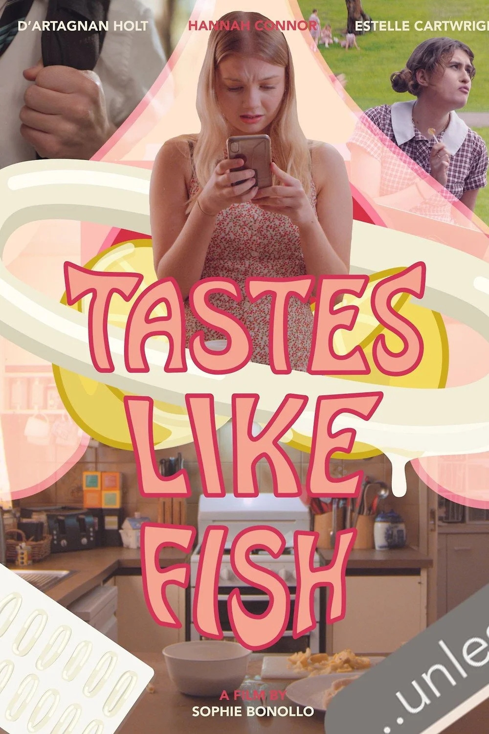 A girl is in a kitchen, standing at a counter with a bowl and some food, while looking down at her phone. There are cartoon-like lemon slices and swirl graphics with the title 'Tastes Like Fish' in large pink letters on the screen, along with names o