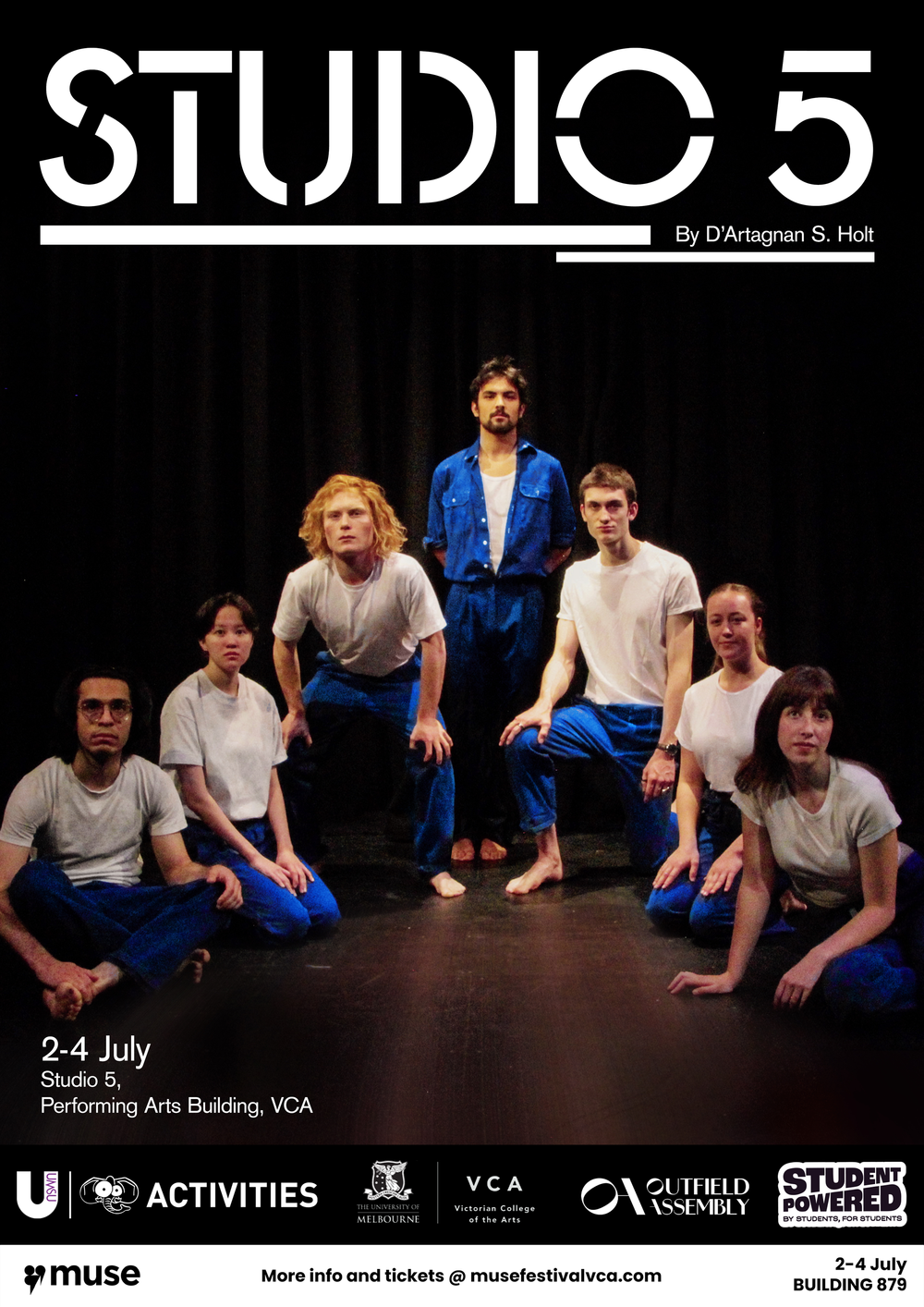 Poster for Studio 5 youth theatre production, featuring seven young actors on stage against a black curtain background. Text indicates event details from July 2-4 at the Performing Arts Building, VCA, with logos of sponsors and partners at the bottom