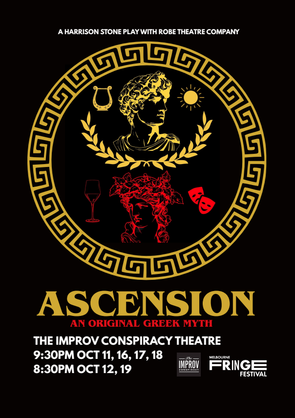 Poster for the play "Ascension" by Harrison Stone with Robe Theatre Company, featuring Greek mythology imagery including a bust of Apollo, laurel wreaths, a lyre, drinks, and theatrical masks, with event details.