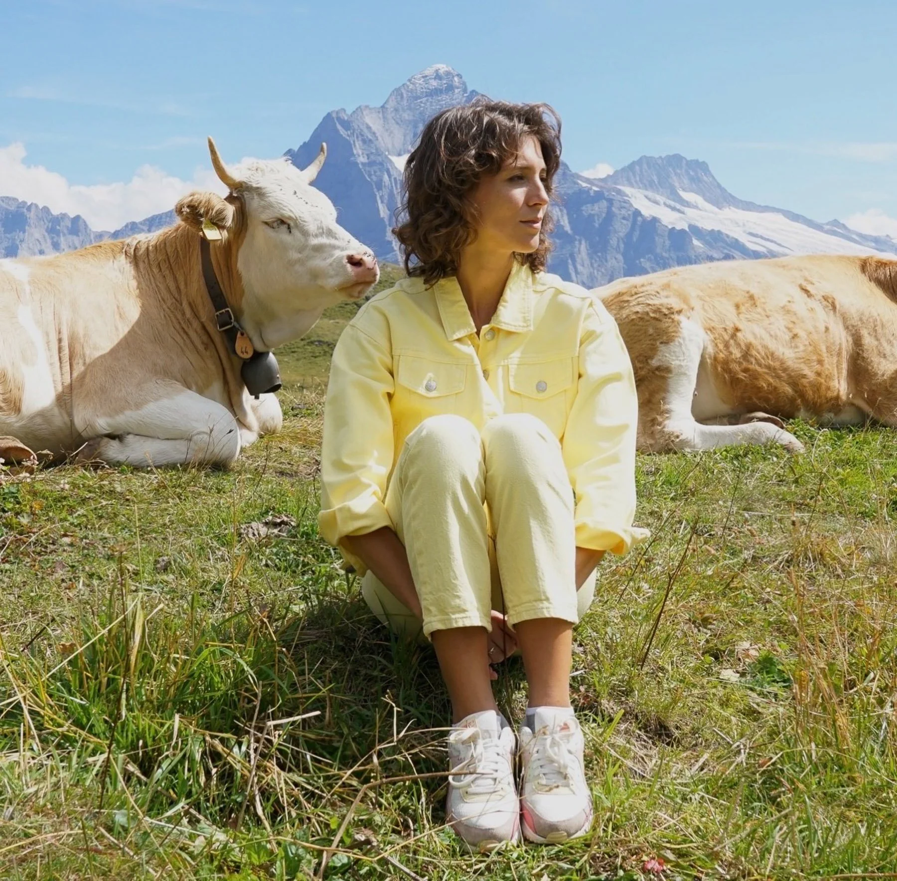 A woman with curly brown hair sitting on grassy land with mountains in the background, wearing a yellow jacket and white sneakers, with a white and brown cow lying beside her.
