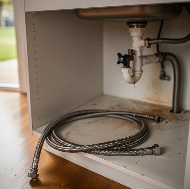 Braided dishwasher supply line connected to under-sink shut-off valve