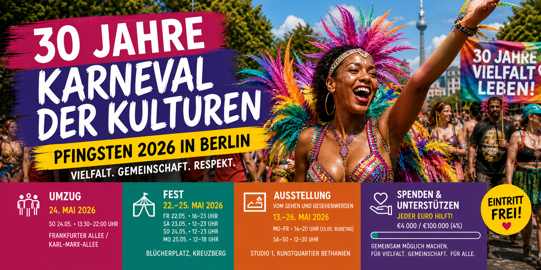 A vibrant parade scene celebrating the 30th anniversary of Caribbean cultural carnival in Berlin, Germany. A woman in colorful feathered costume, smiling, surrounded by people holding banners promoting diversity and inclusion.