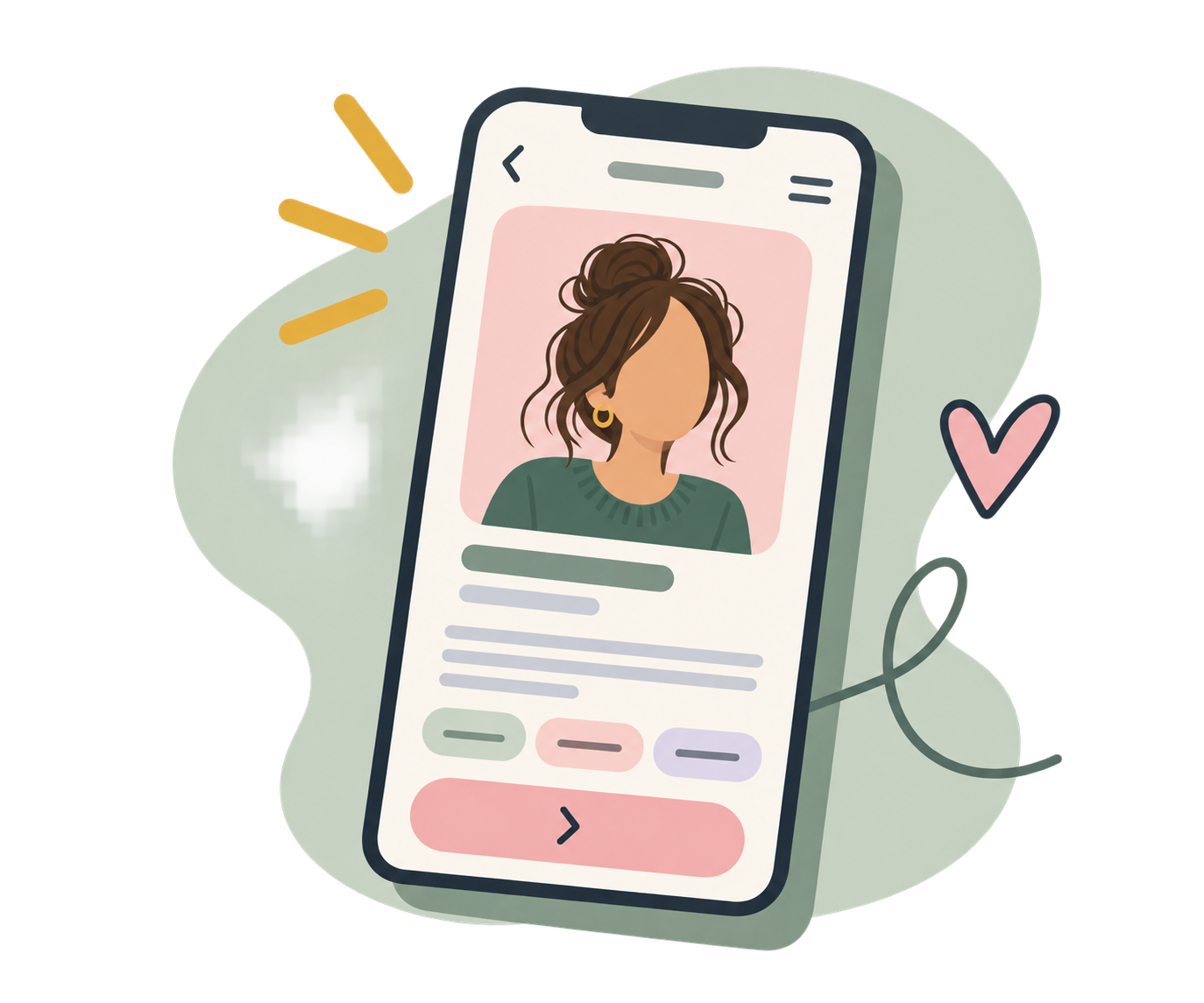 Illustration of a smartphone displaying a social media profile picture of a woman with brown curly hair, wearing gold hoop earrings and a green top, surrounded by colorful decorative elements like hearts and lines.