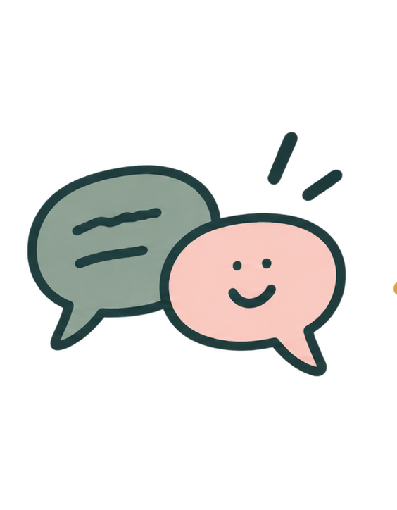 Two overlapping speech bubbles, one gray with three lines representing text, and one pink with a smiling face. The pink bubble has two lines above it indicating excitement or emphasis.