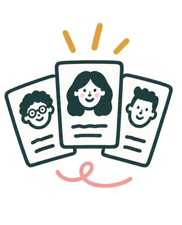 Illustration of three profile cards with cartoon faces of diverse individuals, and a pink ribbon underneath.