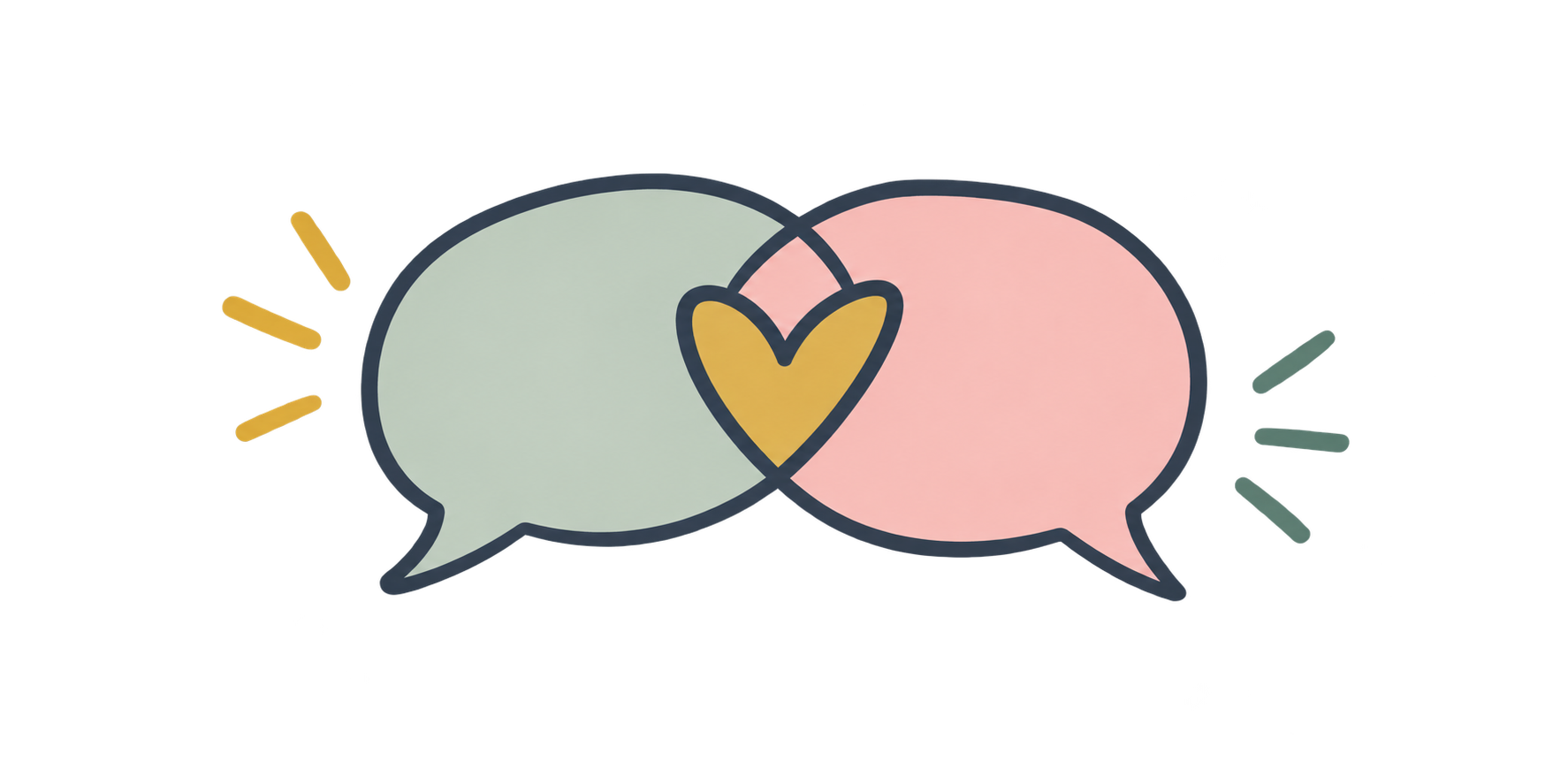 Two overlapping speech bubbles, one in pale green and one in pink, with a yellow heart in the center. Lines radiate outward from both speech bubbles.