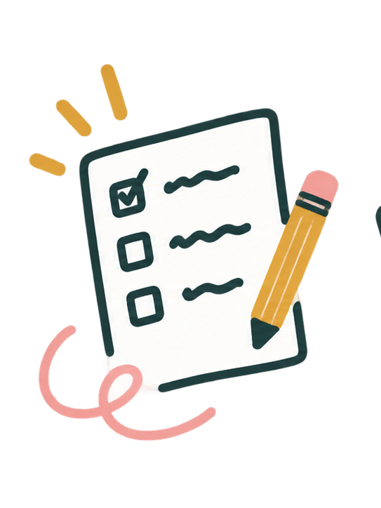 A checklist with three items, the first item checked off, a pencil next to the checklist, and some abstract decorative elements.