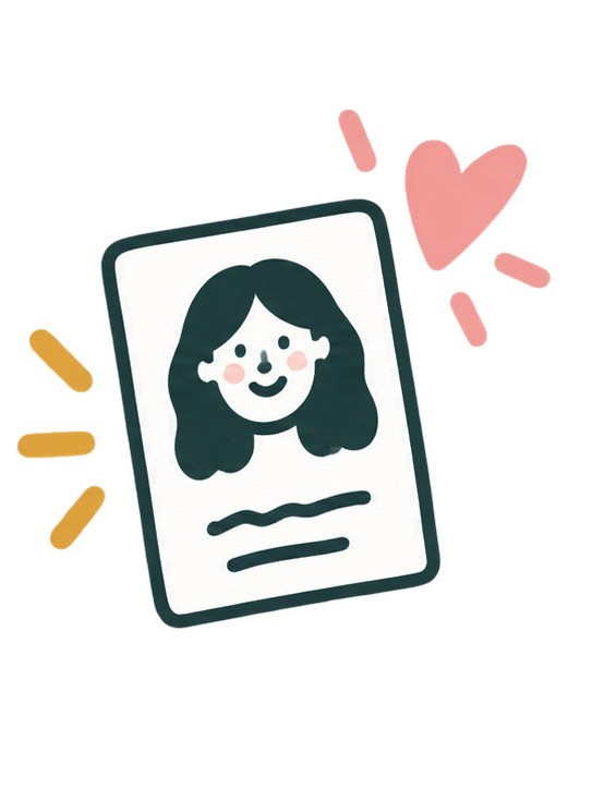 A stylized illustration of a woman’s profile picture with dark hair and smiling face, surrounded by pink hearts and yellow blush marks.