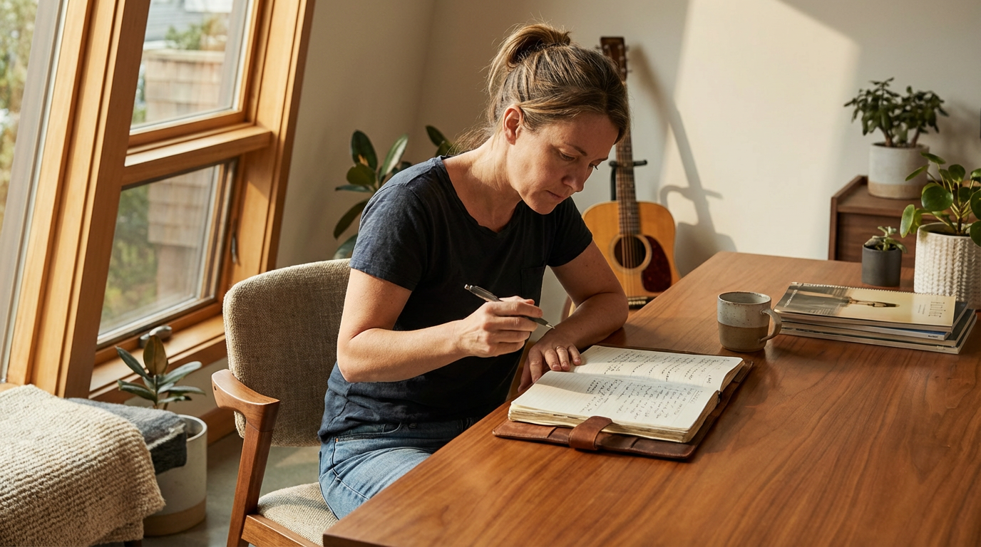 Femme assise à une table en bois, écrivant dans un carnet avec une fenêtre à gauche, des plantes, une guitare en arrière-plan, et des livres sur la table.
