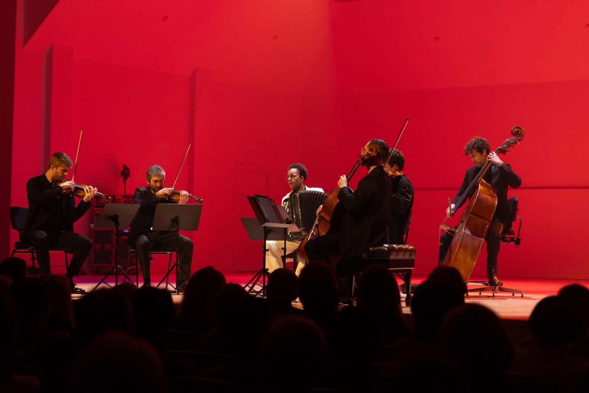 Musiciens jouant du violon, de l'accordéon, de la guitare, un violoncelle et un contrebasse lors d'un concert sur scène avec fond rouge.