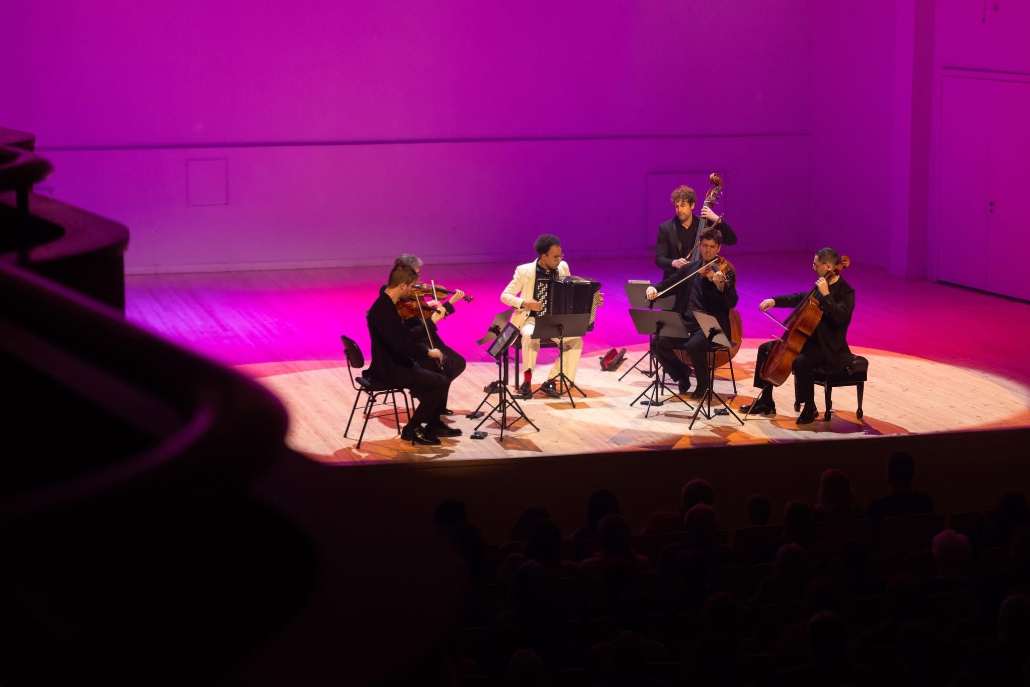 Un groupe de musiciens jouant de différents instruments à cordes et à clavier sur scène, éclairée par des lumières violettes dans une salle de concert.