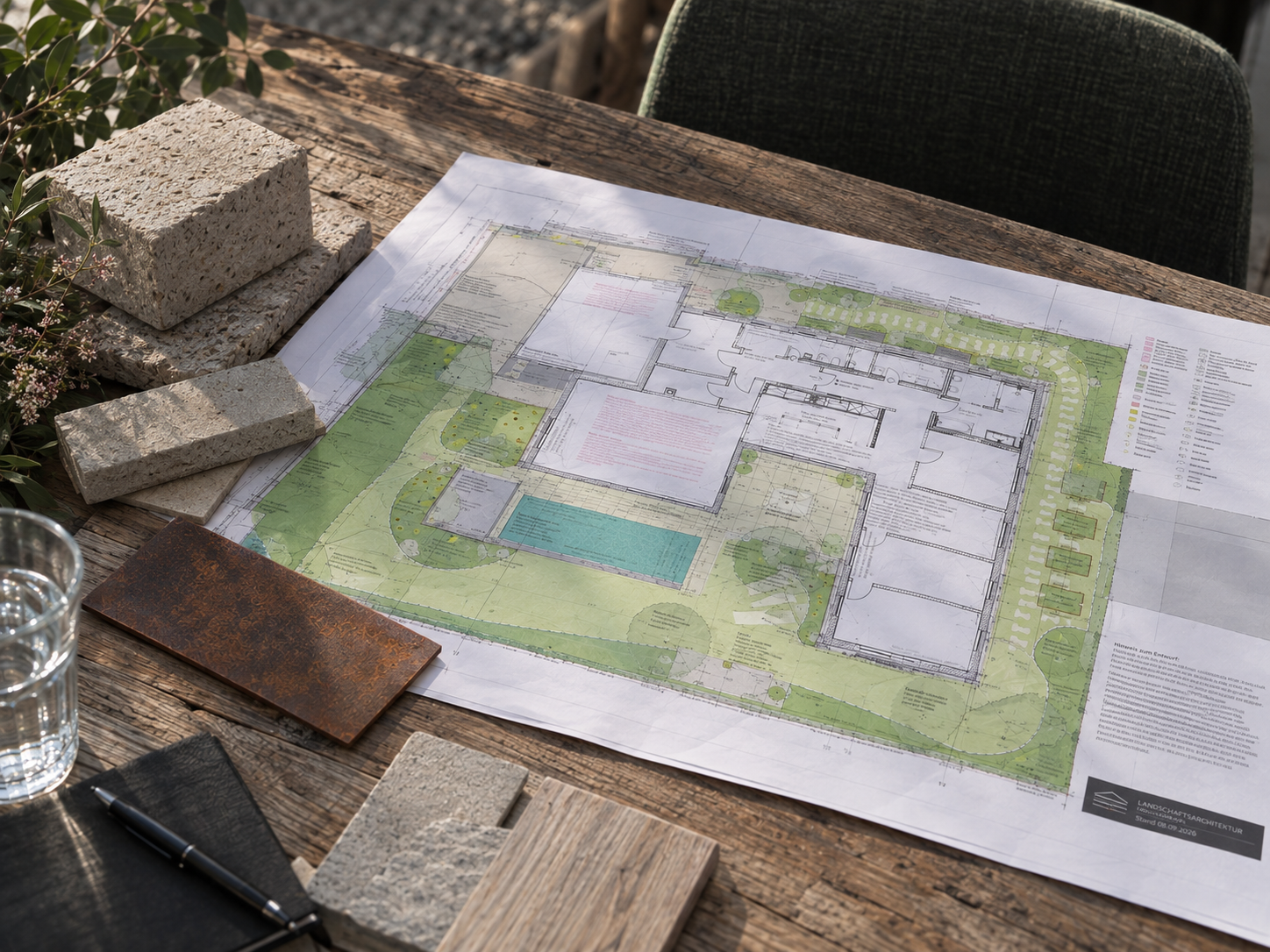 Gartenentwurf mit Materialmustern auf einem Arbeitstisch