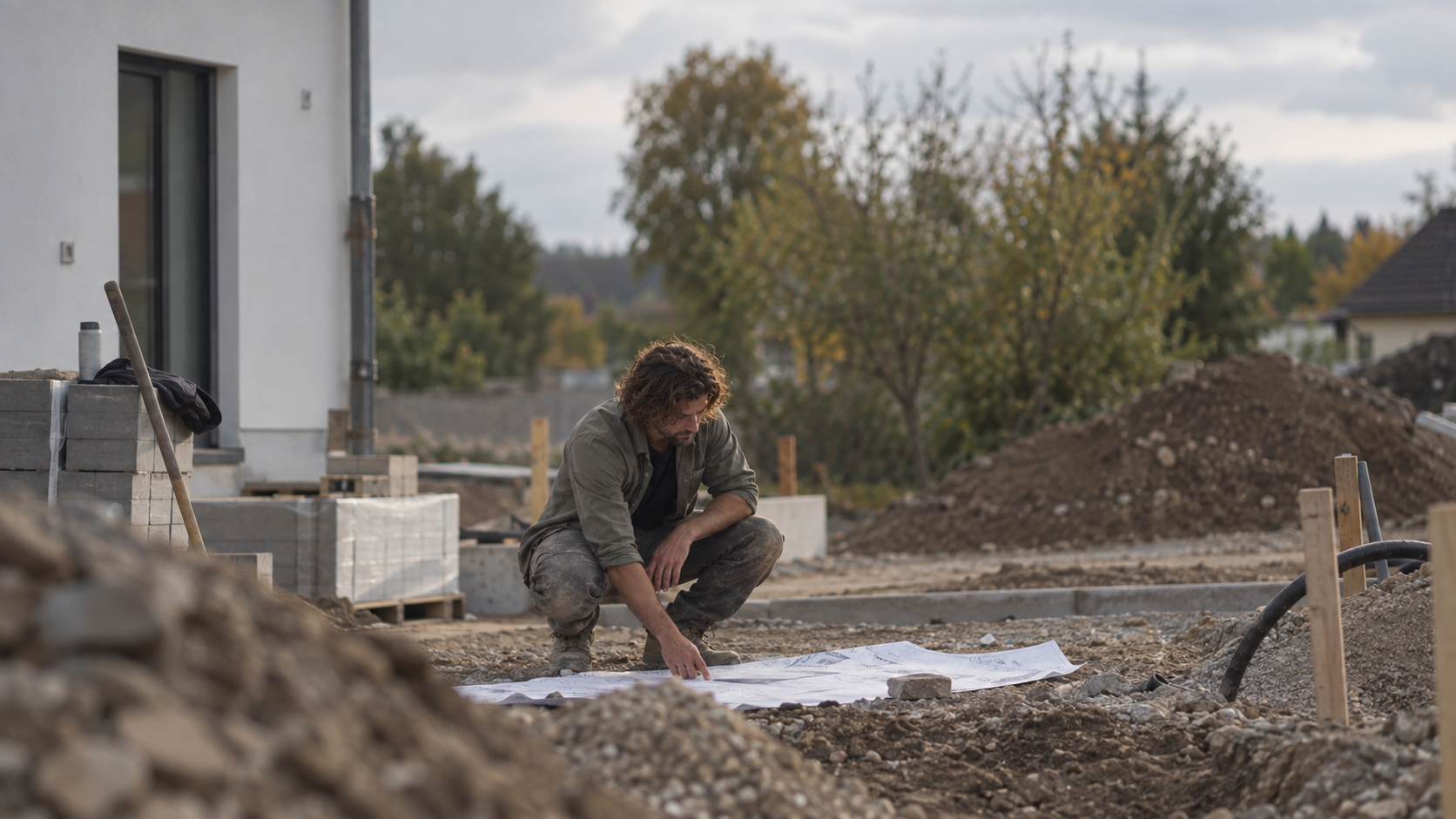 Landschaftsarchitekt Dominik Mannes bei der Planung auf einer Baustelle