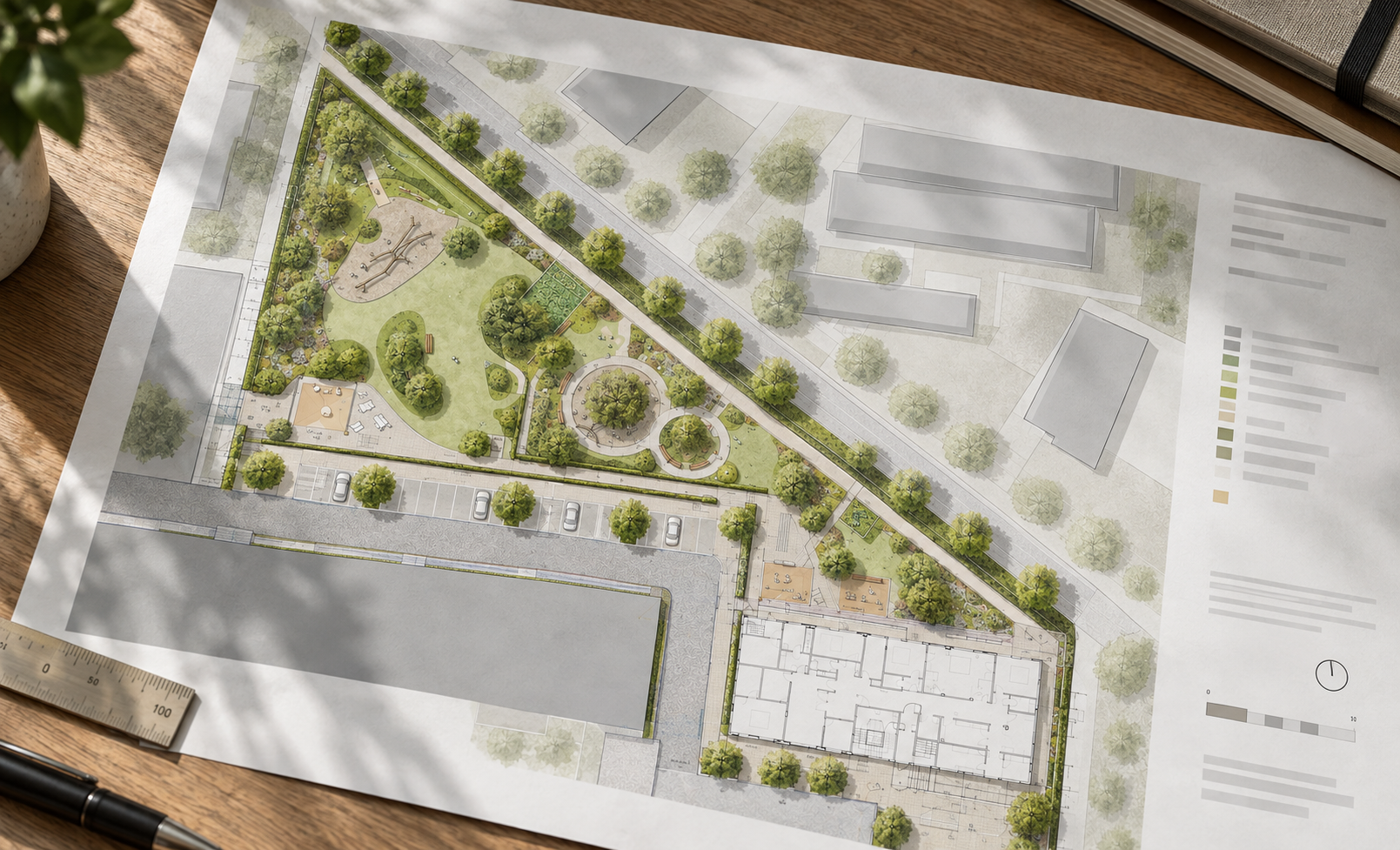 Freiraumplanung mit Wegen, Grünflächen, Bäumen und Aufenthaltsbereichen