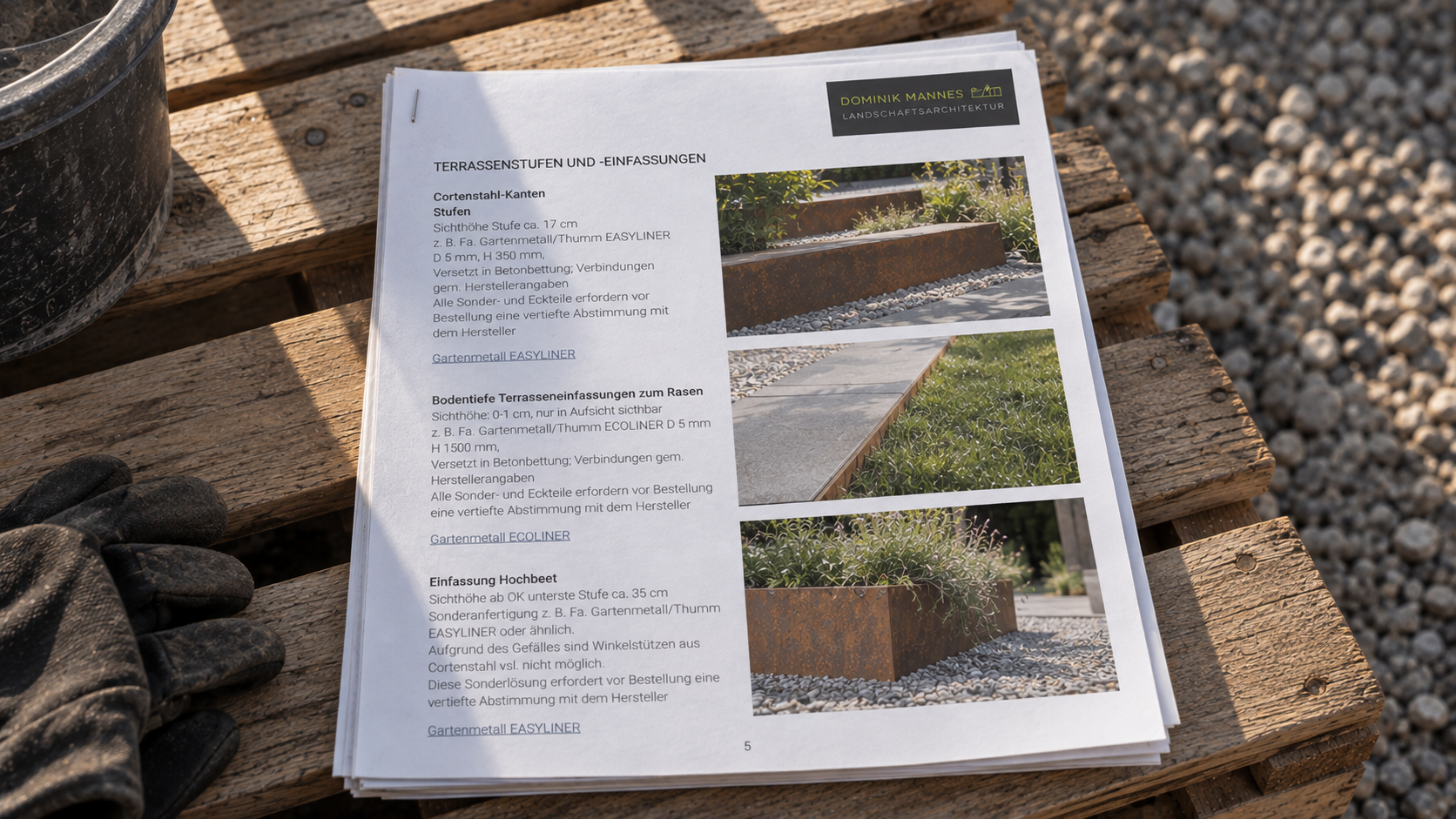 Materialbemusterung und Planungsunterlagen für die Gestaltung eines Hausgartens