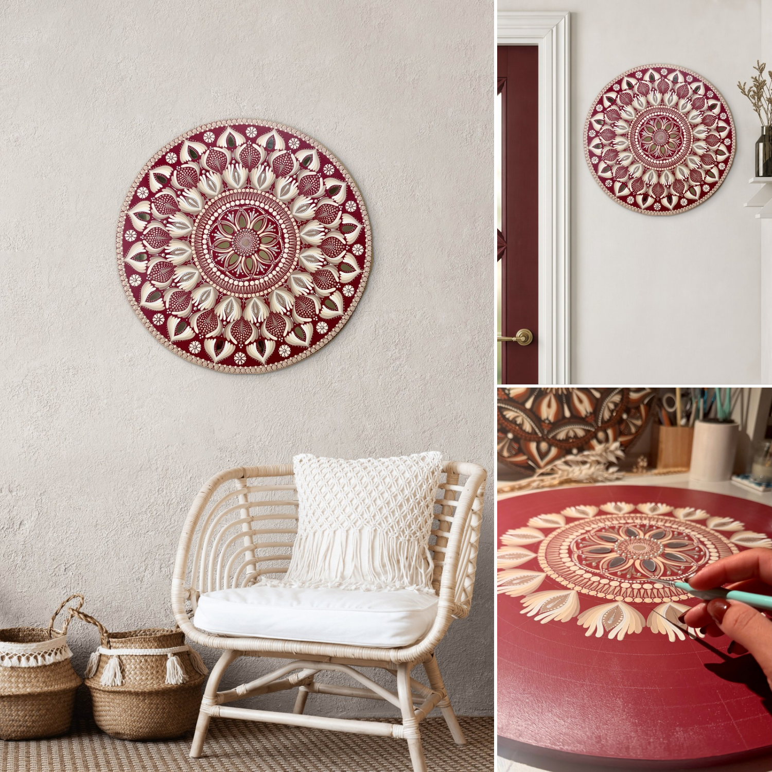 mandala mural carmin decoration interieur bien etre relax art meditatif