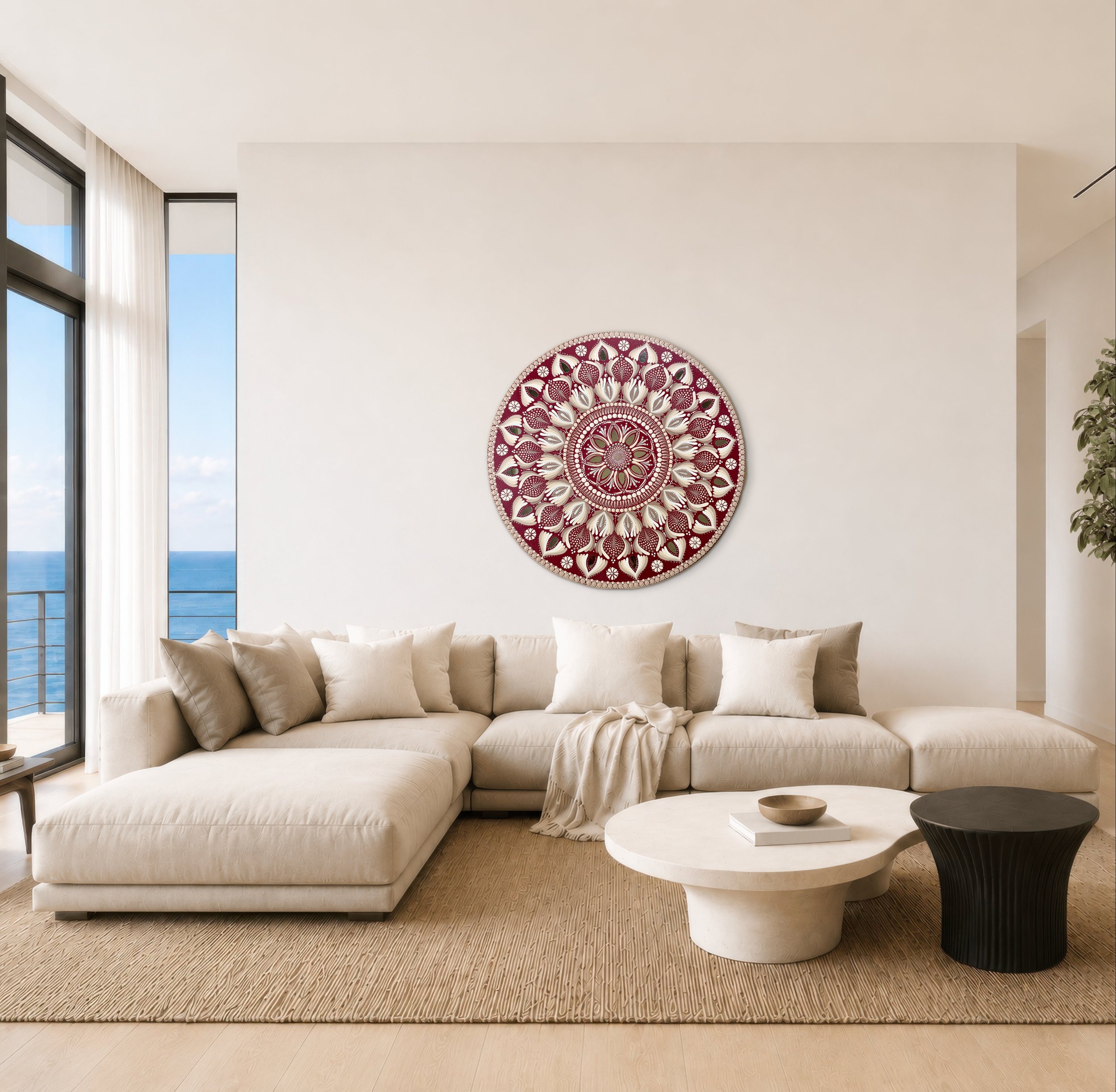 mandala bordeaux peint a la main sur boi, décoration, decoration bien etre, decoration zen, decoration design, décoration haut de gamme, création apisante, mandala mural, mandala décoratif, piece unique